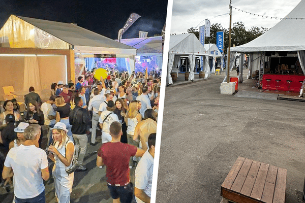 Le contraste entre le jour et la nuit est saisissant à la Foire aux vins d'Alsace, à Colmar (Haut-Rhin)