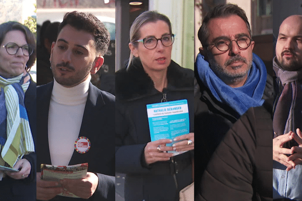 Camille Galliard-Minier (EPR), Lyes Louffok (LFI), Nathalie Béranger (LR), Hervé Gerbi (sans étiquette) et Alexandre Lacroix (RN), de gauche à droite, sont candidats à l'élection législative partielle dans la 1ère circonscription de l'Isère.