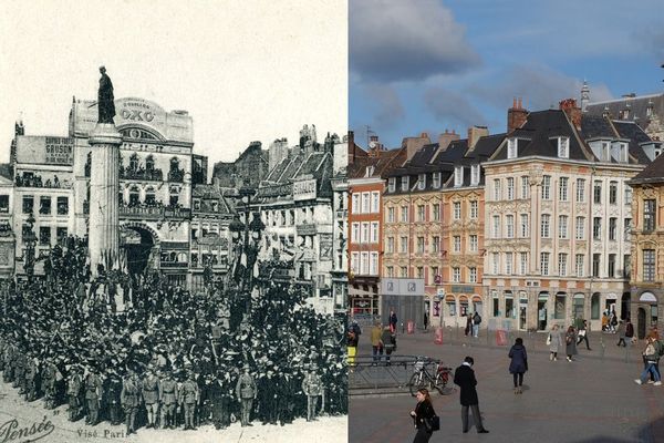 La Grand Place en 1918 et en 2019.