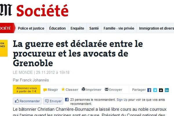 "La guerre est déclarée entre le procureur et les avocats de Grenoble", titre Le Monde.