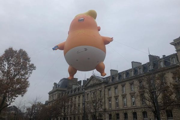 "Bébé Trump" : un ballon gonflable géant caricaturant le président américain, pour une manifestation anti-Trump place de la République, le dimanche 11 novembre 2018.