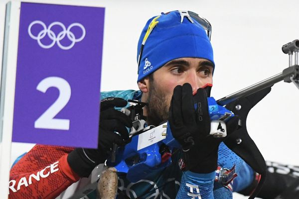 Martin Fourcade au tir lors du 15 kilomètres mass start à PyeongChang. Photo : Wang Haofei Xinhua News Agency/Newscom/MaxPPP