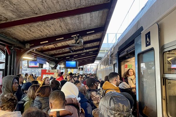 L'afflux de voyageurs sur les quais de la gare de Juvisy (Essonne) en raison de multiples pannes et d'un bagage oublié sur le RER C ce mercredi matin.