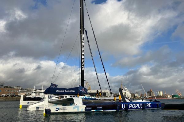 Cinq des six trimarans rejoignent le port de Brest. Armel Le Cléac'h, Charles Caudrelier, Thomas Coville, Anthony Marchand et Eric Péron ont amarré leurs bateaux.