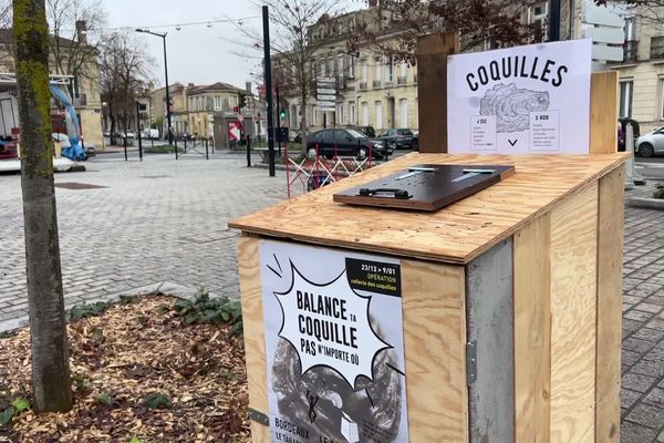 Du 23 décembre au 9 janvier, les amateurs d'huîtres peuvent venir déposer leurs coquilles dans ces bacs, à Bordeaux, au Bouscat, à Saint-Jean-d'Illac et au Taillan-Médoc.