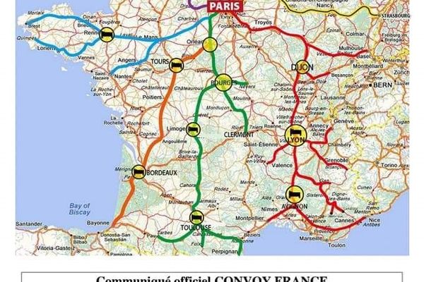 Carte des différents convois anti mesures sanitaires en route vers Paris