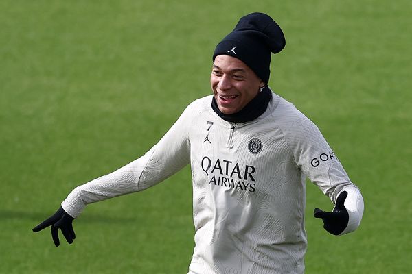 Kylian Mbappé lors d'une séance d'entraînement à Poissy, le 9 avril 2024, à la veille du quart de finale aller de la Ligue des champions contre le FC Barcelone.