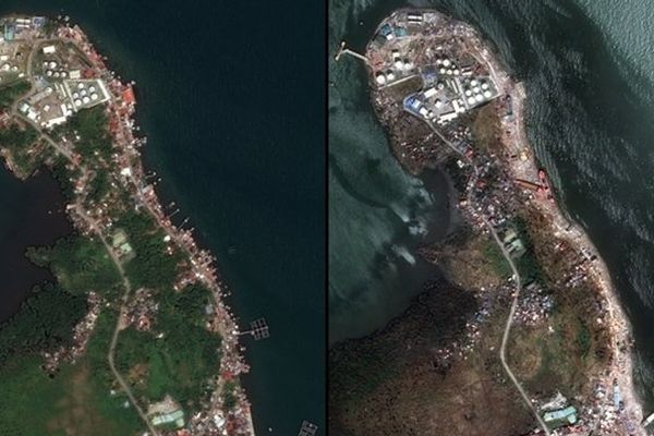 La région de Tacloban aux Philippines le 7 mars 2013 (à gauche) et le 8 novembre 2013, après le passage du typhon Haiyan