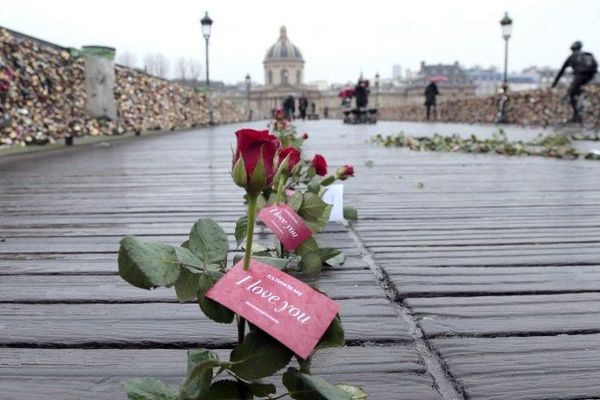 Des roses sont distribuées pour la saint valentin sur le pont des Arts