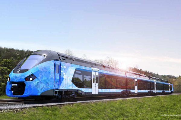 Image numérique du futur train régional à hydrogène conçu par Alstom.