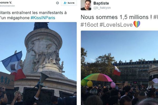 Photos du tweets du Kiss In, place de la République, à Paris.