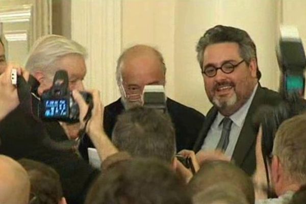 Olivier Bianchi et Alain Laffont lors de la proclamation des résultats du 2d tour des élections municipales à l'Hôtel de Ville de Clermont-Ferrand