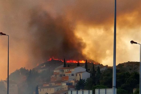 Des flammes et un important panache de fumée sont visibles sur les hauteurs de Narbonne.