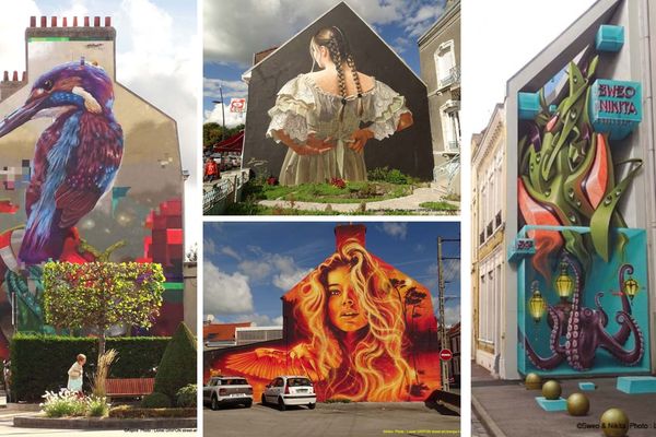 A gauche, l'œuvre de l'artiste anglais Aspire, à droite, celle du duo Sweo & Nikita, en haut, au centre celle de Jade Rivera puis celle d'Aéro, des fresques installées sur les murs de Boulogne-sur-Mer et Calais