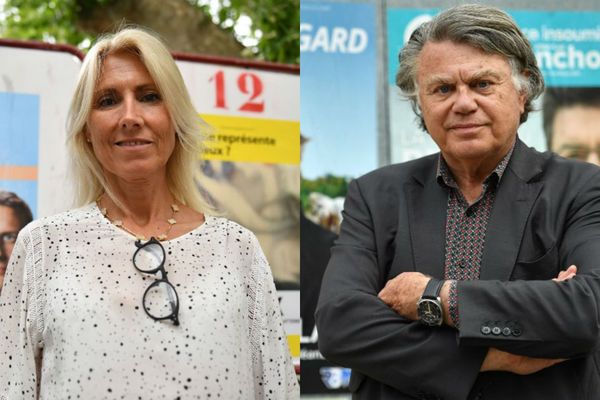 La candidate de La République en marche Marie Sara (g) et le député frontiste Gilbert Collard (d) ont de fortes chance d'arriver au second tour des législatives 2017 dans la deuxième circonscription du Gard.