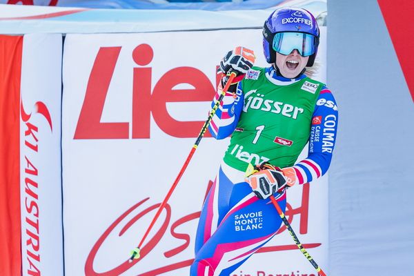 Tessa Worley lors de sa victoire sur le slalom géant de Lienz (Autriche) le 28 décembre 2021.