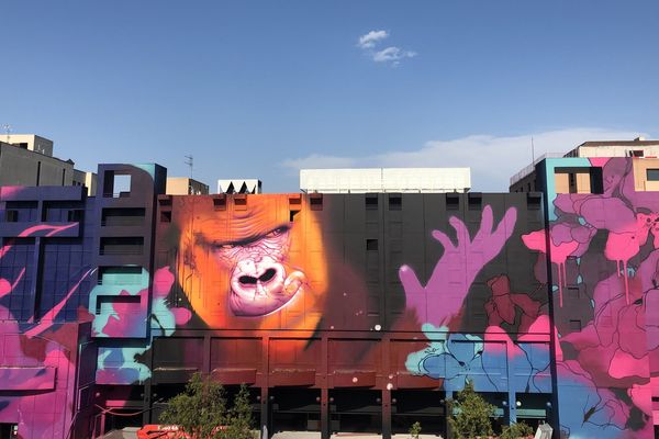 Graf géant de Kalouf sur la façade de l'hôtel Novotel en cours de démolition dans le quartier de la part Dieu à Lyon