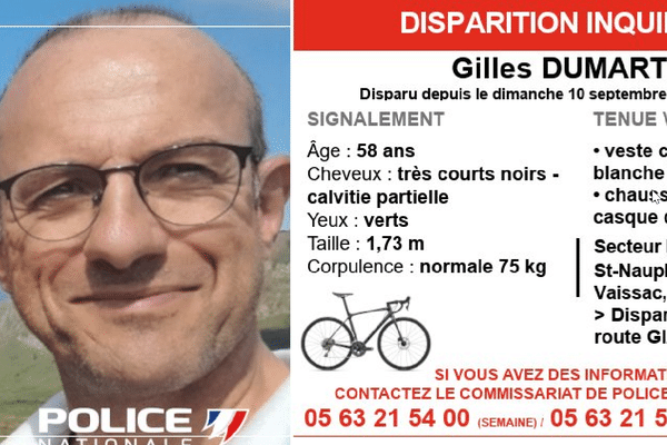 Gilles Dumartin, un homme de 58 ans est porté disparu depuis le dimanche 10 septembre 2023.