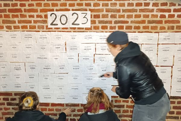 Collage des 850 noms de femmes tuées par leur conjoint ou ex-conjoint depuis 2017 et le premier mandat d'Emmanuel Macron. Action organisée par le collectif "NousToutes", Gare Saint-Sauveur à Lille, mardi 21 novembre 2023.