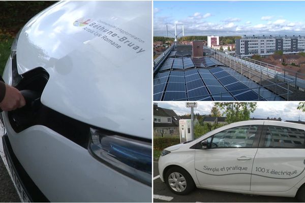 La communauté d'agglomération de Béthune produit toute l'électricité consommée par son parc de voitures électriques grâce à des panneaux solaires et une éolienne.