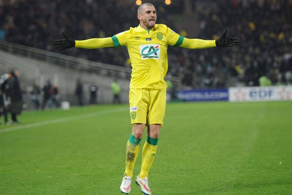 Nantes / Lyon (16eme de finale de la coupe de France de Football) La joie de Vincent Bessat après son triplé historique face à Lyon