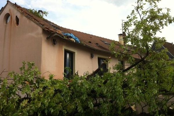 Un arbre tombé sur une maison dans le centre-ville d'Evreux.