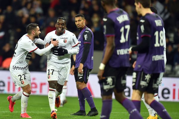 Le Rennais Maouassa célèbre son but (2-0, 83e) qui a scellé la victoire des Bretons contre Toulouse. 