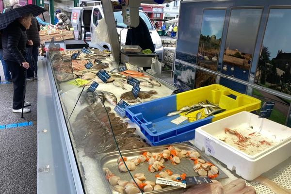 Sur cet étal du marché d'Hennebont, dans le Morbihan, certains poissons manquent à l'appel.