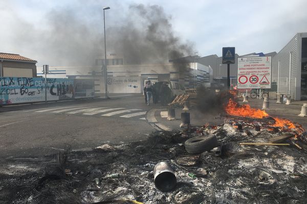 Sur le port des Sables-d'Olonne en Vendée, les marins pêcheurs occupent des ronds-points pour protester contre l'insuffisance des aides compensant l'augmentation du prix du gasoil