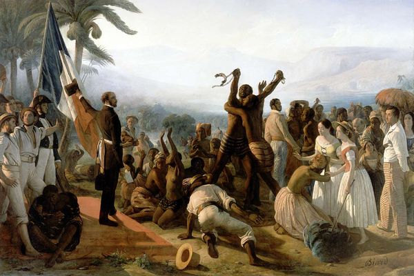 Un tableau de François-Auguste Biard sur l'abolition de l'esclavage, dont le texte Le testament du vent s'inspire. 