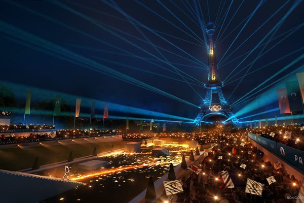 Illustration publiée par le Comité olympique de Paris 2024. Elle montre la cérémonie d'ouverture des Jeux olympiques de Paris le 26 juillet 2024, qui se déroulera sur la Seine.