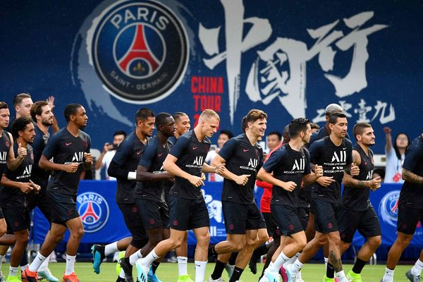 Les parisiens à l'entraînement à Shenzen en Chine avant la finale du Trophée des Champions qui les opposera au Stade Rennais 