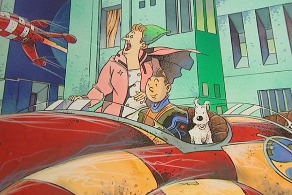 Les personnages de Tintin dans un univers futuriste, bien loin des décors imaginés par Hergé dans ses albums.