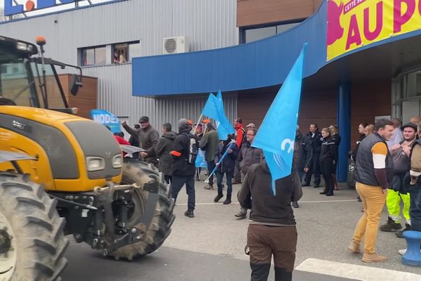 Opération "caddies gratuits" dans un supermarché d'Ussel, ce vendredi 26 janvier, par des agriculteurs du syndicat MODEF.