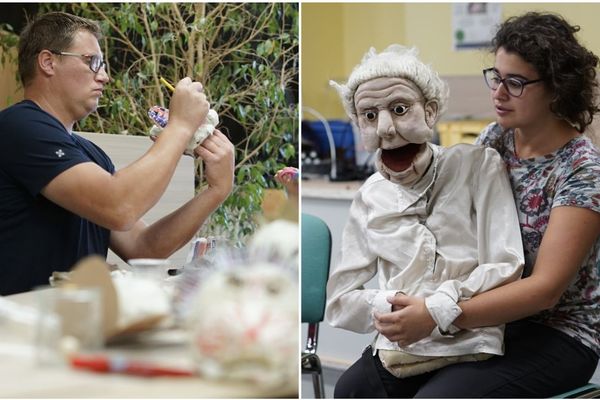 Dans un premier temps, les participants confectionnent leurs marionnettes et ensuite, ils apprennent à les articuler / Charleville-Mézières, 22 septembre 2019