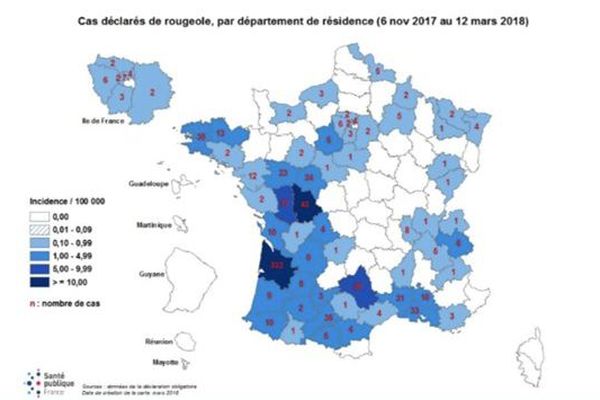 Nombre de cas de rougeole déclarés par département du 6 novembre 2017 au 12 mars 2018. (Source ARS)