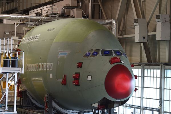 Airbus A380 sur la chaine d'assemblage à Blagnac, Mars 2018