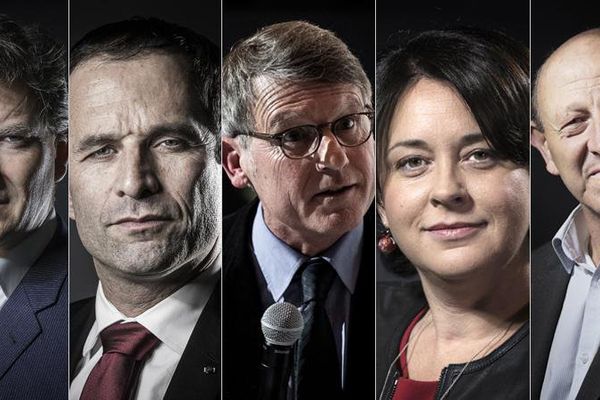 De gauche à droite : Manuel Valls, Arnaud Montebourg, Benoît Hamon, Vincent Peillon, Sylvia Pinel, Jean-Luc Bennahmias et François de Rugy.