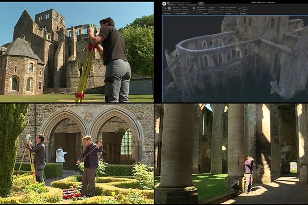 Pendant deux semaines, deux archéologues Normands  ont mesuré tous les éléments architecturaux de l'Abbaye de Hambye