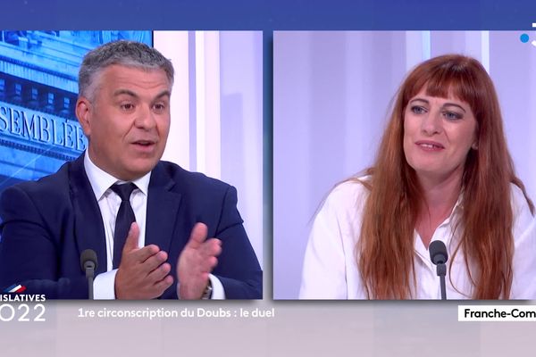 Laurent Croizier, candidat Ensemble!-Modem et Séverine Vézies, candidate Nupes-LFI dans la première circonscription du Doubs.