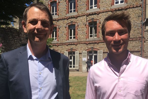 Les deux candidats centristes du premier tour des municipales à Saint-Brieuc annoncent une liste commune pour le second tour. A gauche sur la photo : Richard Rouxel. A droite : Corentin Poilbout.