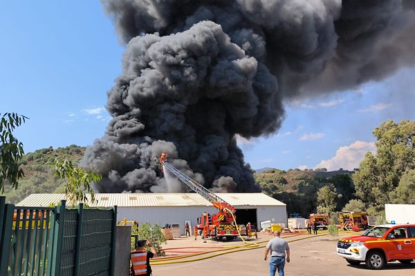 Un immense panache de fumée noire s'échappe de l'incendie