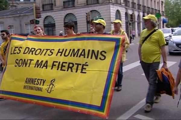 Lesbiennes, gays, bi et trans de la région Bourgogne ont défilé dans les rues de Dijon lors de la 4e Marche des Fiertés samedi 28 mai 2016.