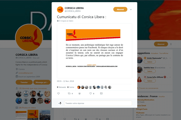 Capture écran du communiqué de Corsica Libera suite à la publication insultant Mme Erignac.