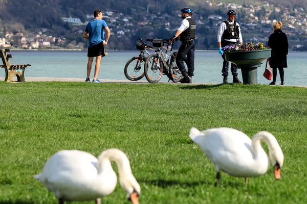 Les policiers mobilisés pour un contrôle du confinement sur les rives du lac d'Annecy, le 25 mars.