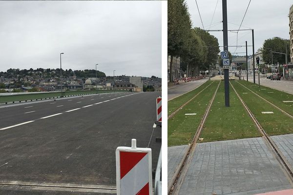 Rouen le 26 août 21018 : le pont Guillaume le Conquérant refait à neuf et la voie du métro rénovée et engazonnée