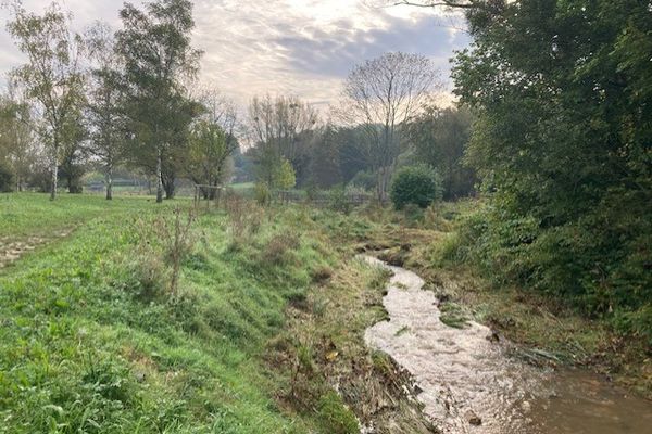 Le ru de Vauhallan dans l'Essone. Cette partie du ruisseau a été reéandrée.