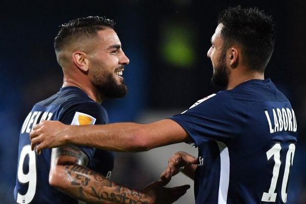 Andy Delort à la fête avec Gaetan Laborde après le premier but du MHR contre Nancy pendant les 16es de finales de la Coupe de la ligue au stade de la Mosson, le 30.10.2019. 
