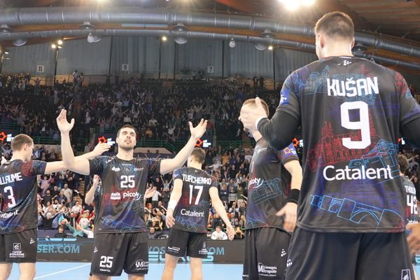 Communion en fin de match entre les joueurs du Limoges Handball et son public.