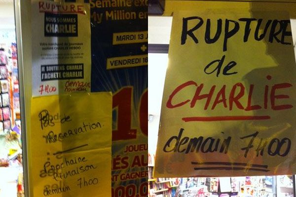 Les affichettes, indiquant la rupture de Charlie Hebdo, ont très vite fleuri sur les devantures des marchands de journaux à Caen